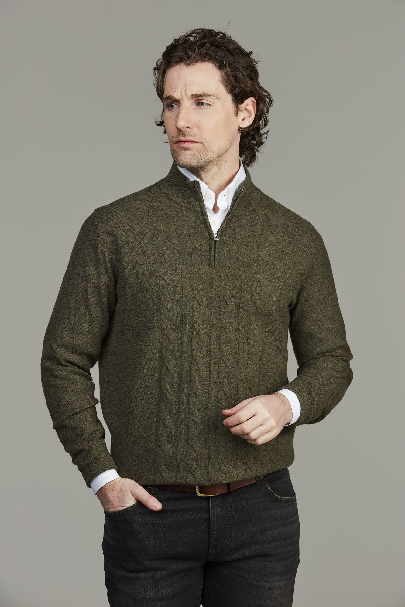 Kabelstickad tröja, Geelong Half Zip Cable Knit, Skogsgrön, XL, Hansen & Jacob – XL