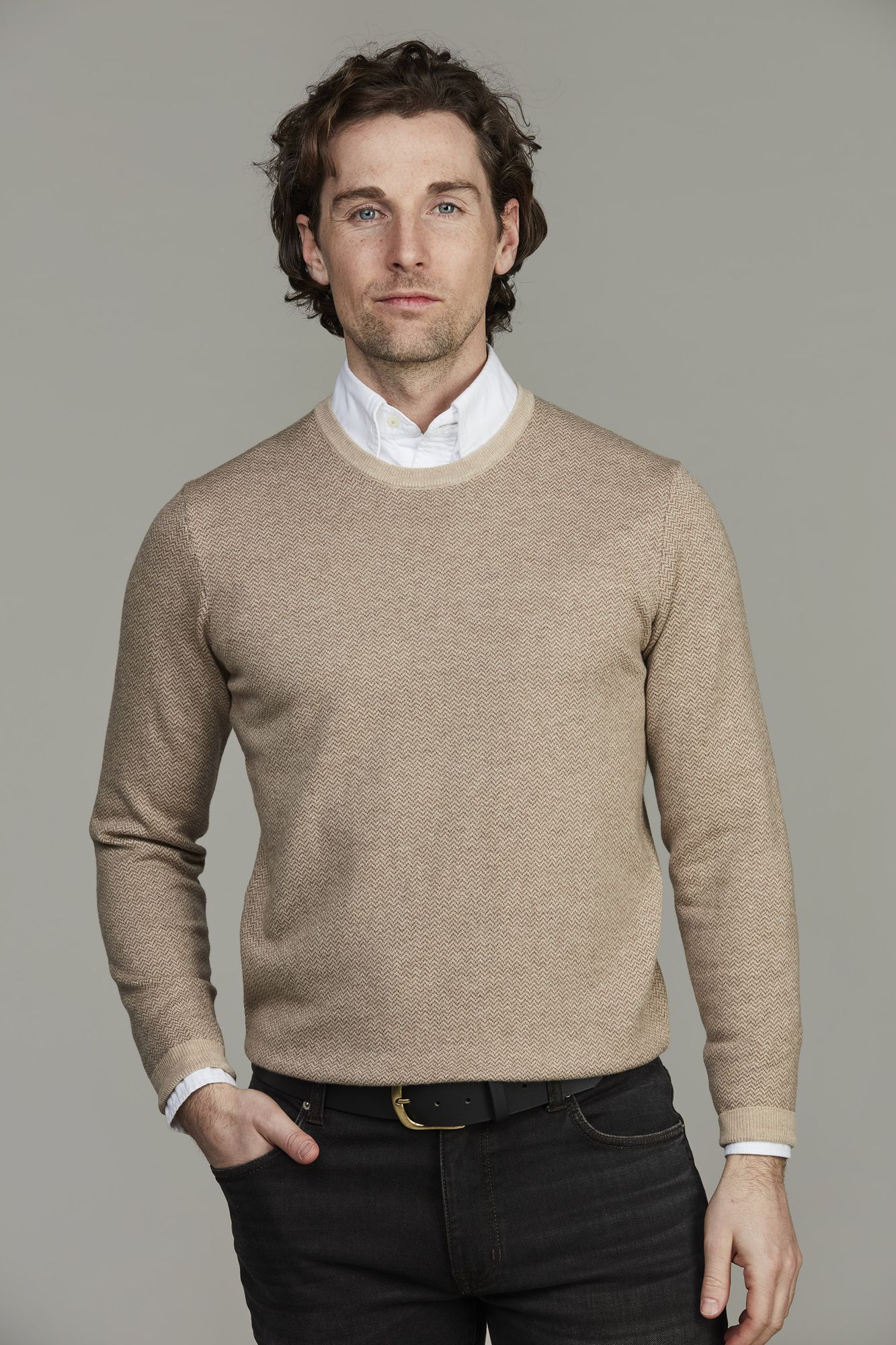 2tone Herringbone Knit, Crew Neck, Sand, S, Hansen & Jacob – S