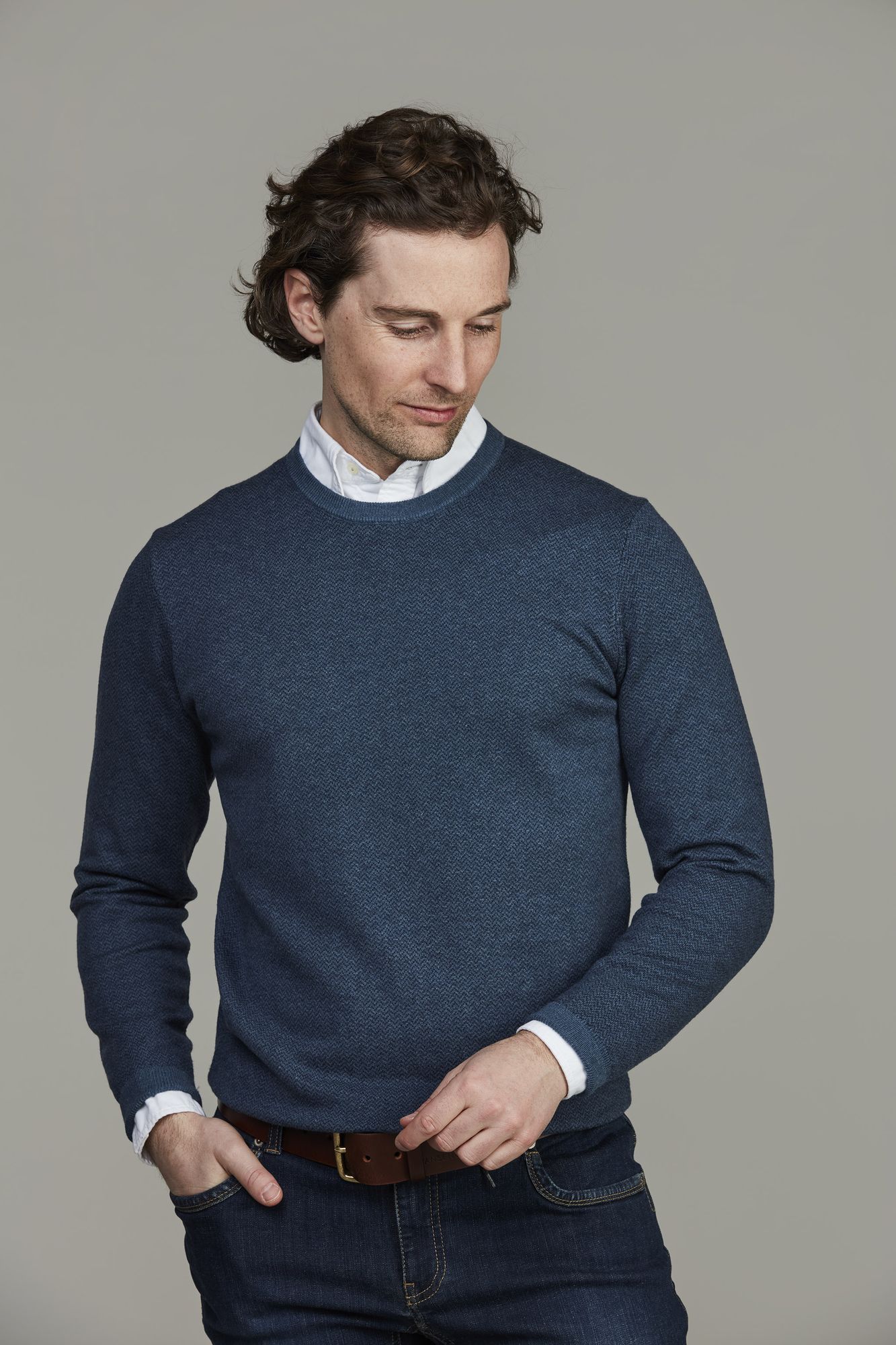 2tone Herringbone Knit, Crew Neck, Blå, XXL, Hansen & Jacob – XXL