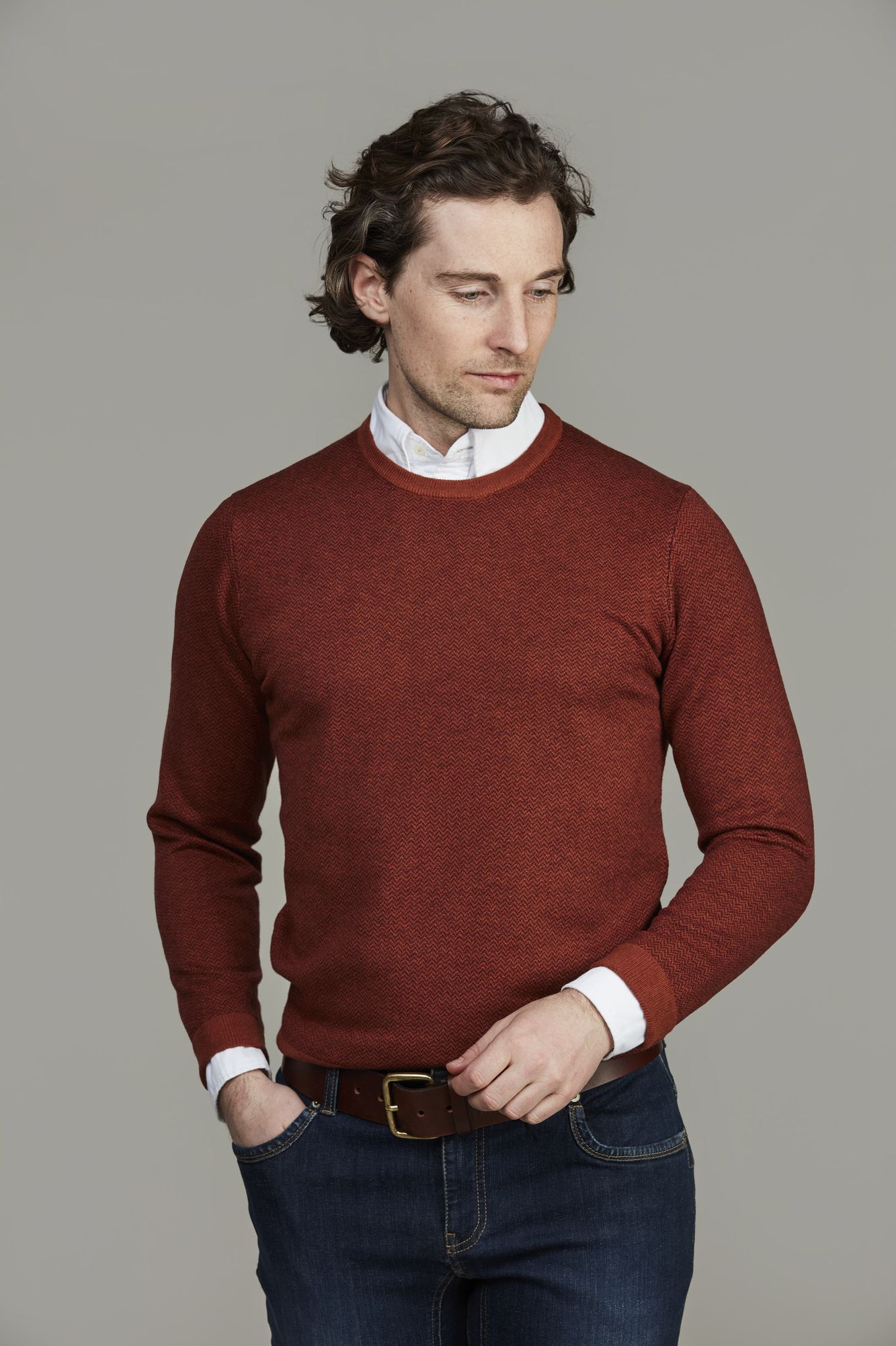 2tone Herringbone Knit, Crew Neck, Orange, M, Hansen & Jacob – M