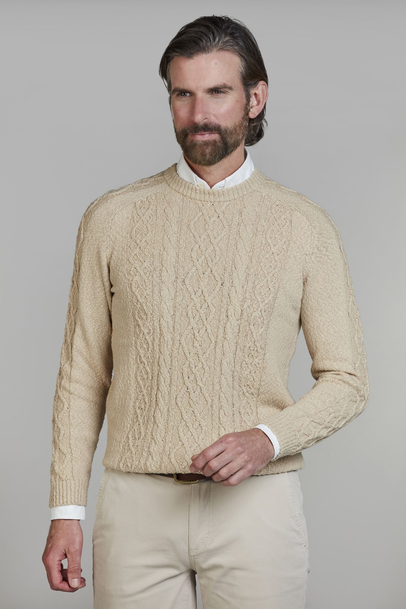 Kabelstickad tröja, Crew Neck Cable Knit, Sand, XL, Hansen & Jacob – XL